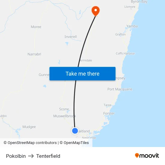 Pokolbin to Tenterfield map