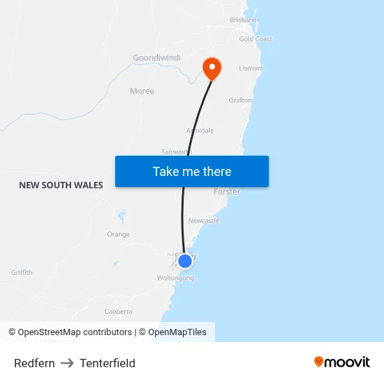 Redfern to Tenterfield map