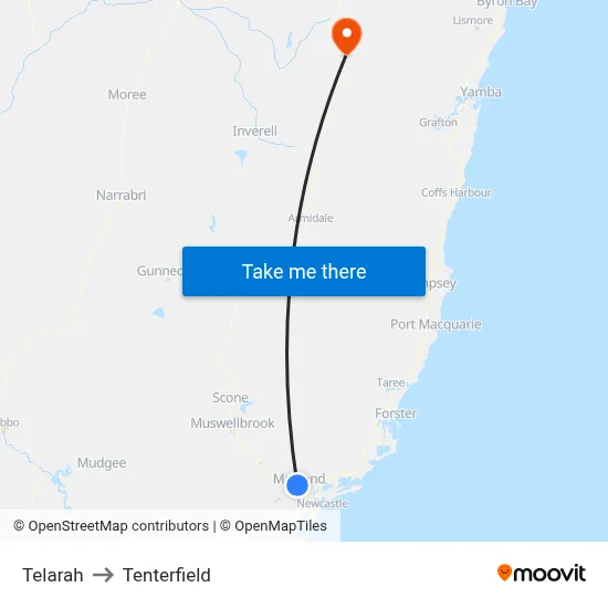 Telarah to Tenterfield map