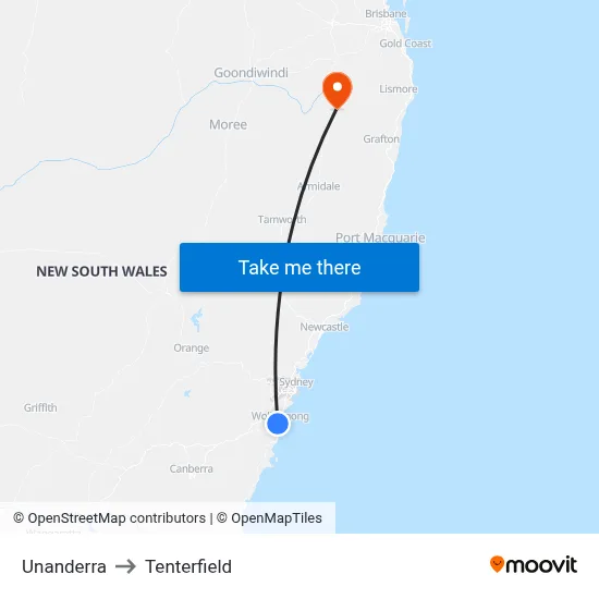 Unanderra to Tenterfield map