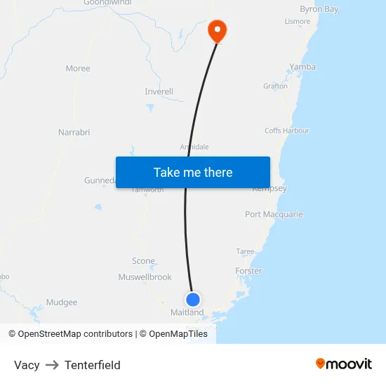 Vacy to Tenterfield map