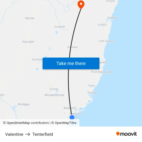 Valentine to Tenterfield map