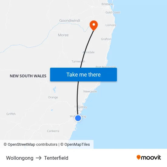 Wollongong to Tenterfield map