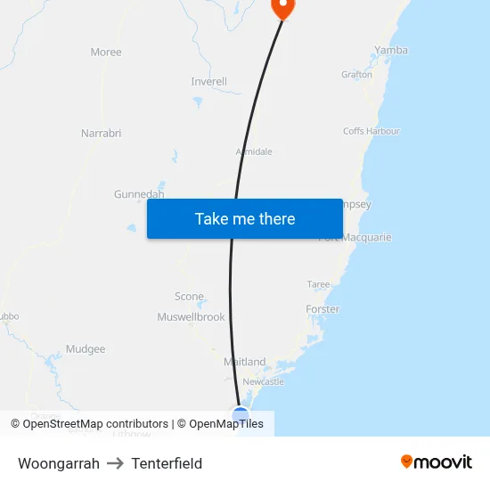 Woongarrah to Tenterfield map