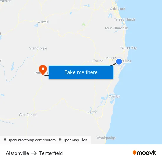 Alstonville to Tenterfield map