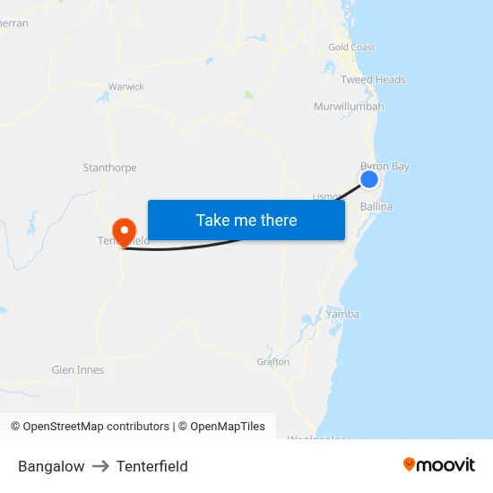 Bangalow to Tenterfield map