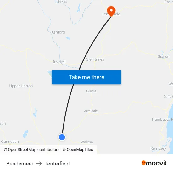 Bendemeer to Tenterfield map
