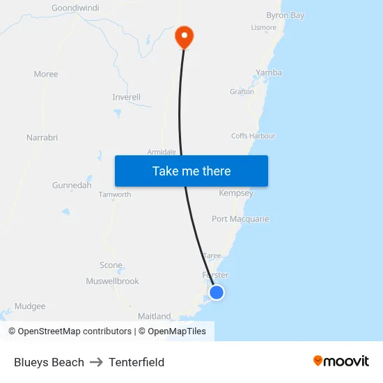 Blueys Beach to Tenterfield map