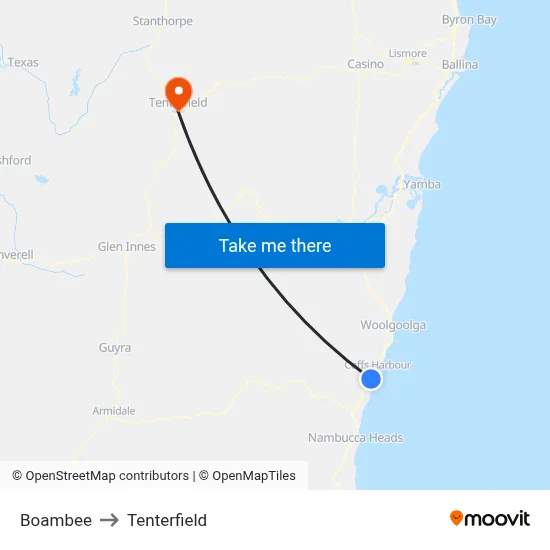 Boambee to Tenterfield map