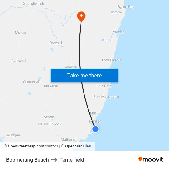 Boomerang Beach to Tenterfield map