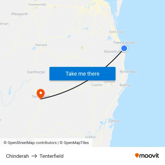 Chinderah to Tenterfield map