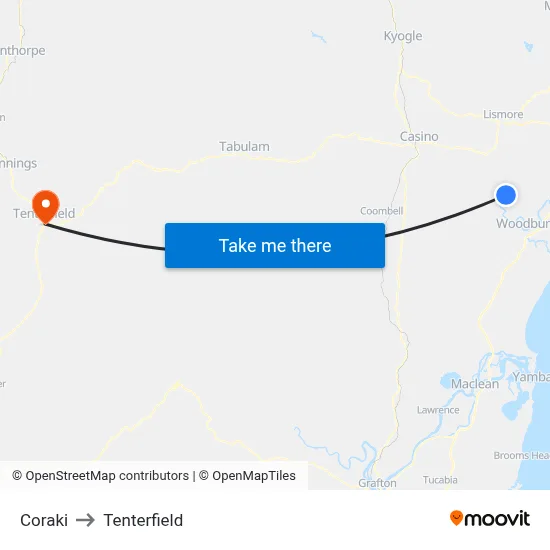 Coraki to Tenterfield map
