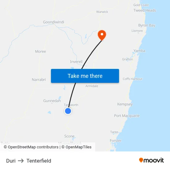 Duri to Tenterfield map