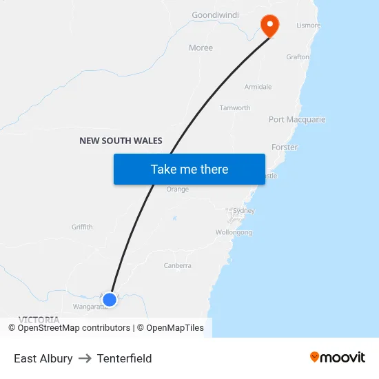 East Albury to Tenterfield map