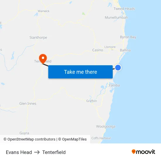 Evans Head to Tenterfield map