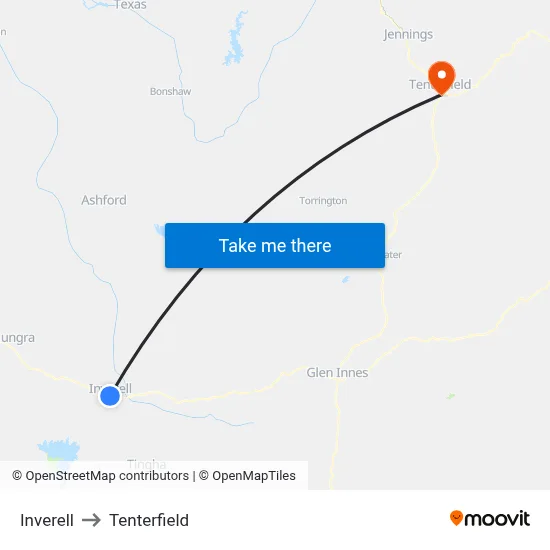 Inverell to Tenterfield map