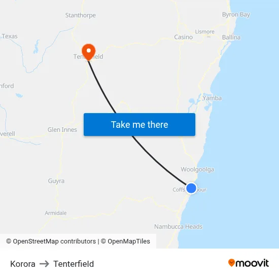 Korora to Tenterfield map
