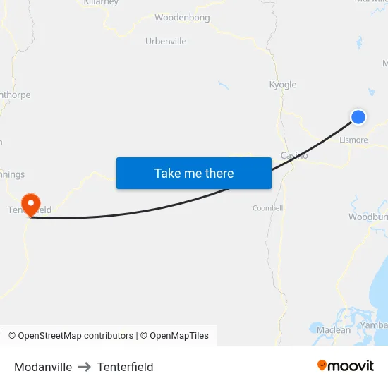 Modanville to Tenterfield map