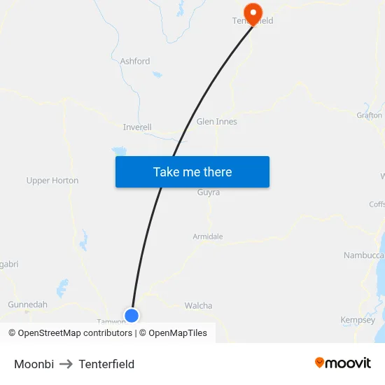 Moonbi to Tenterfield map