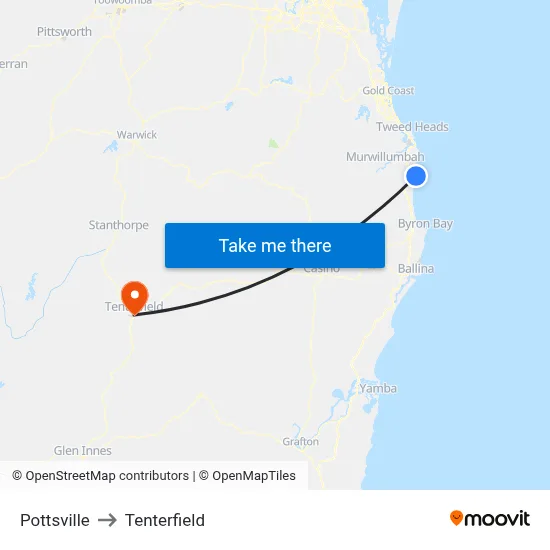 Pottsville to Tenterfield map