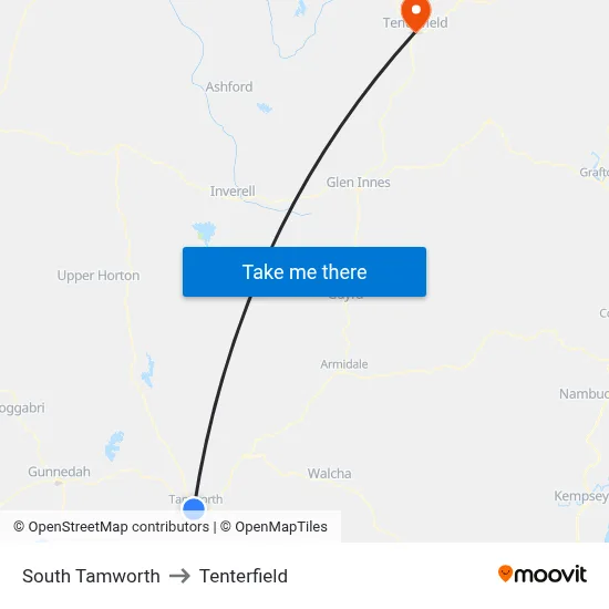 South Tamworth to Tenterfield map