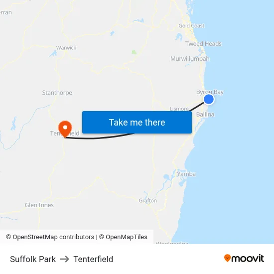 Suffolk Park to Tenterfield map