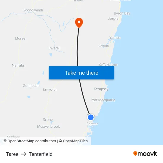 Taree to Tenterfield map