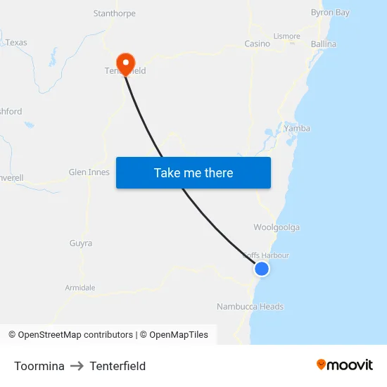 Toormina to Tenterfield map