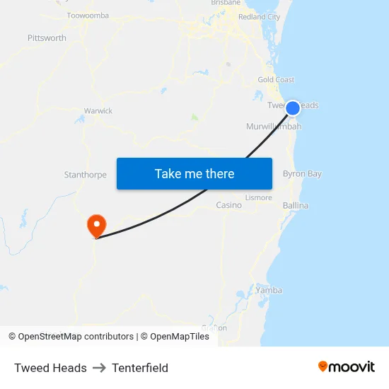 Tweed Heads to Tenterfield map