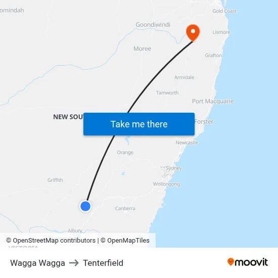 Wagga Wagga to Tenterfield map
