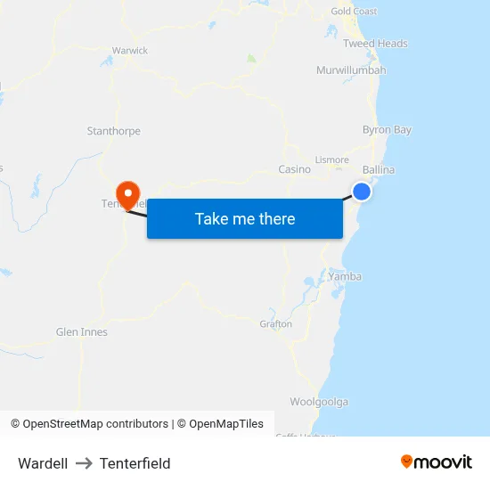 Wardell to Tenterfield map