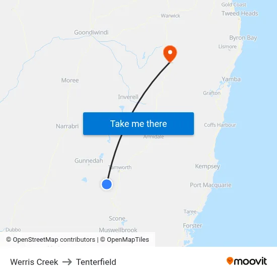 Werris Creek to Tenterfield map