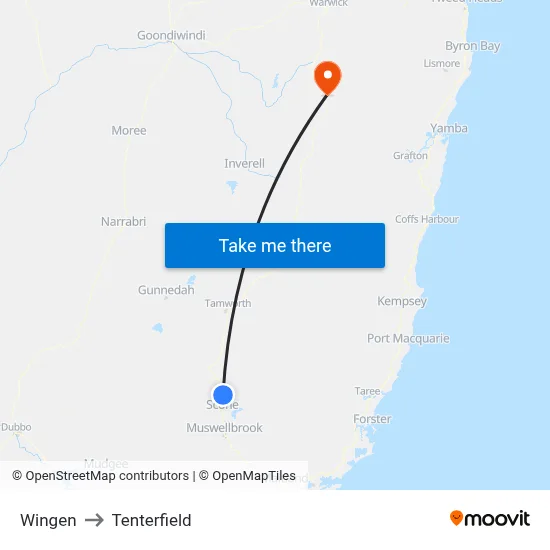 Wingen to Tenterfield map