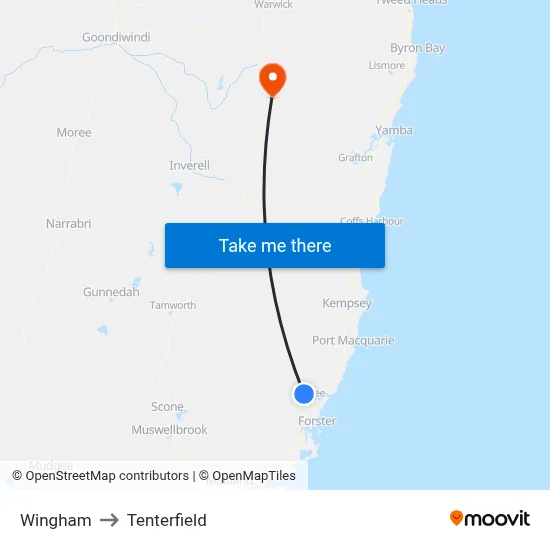 Wingham to Tenterfield map