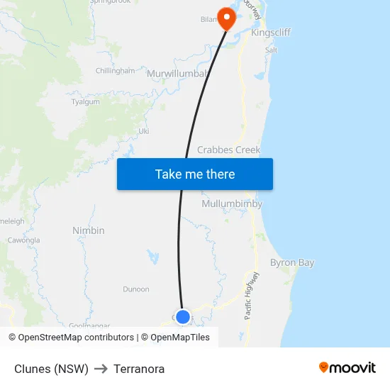 Clunes (NSW) to Terranora map