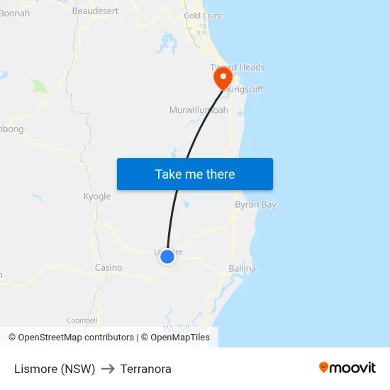 Lismore (NSW) to Terranora map