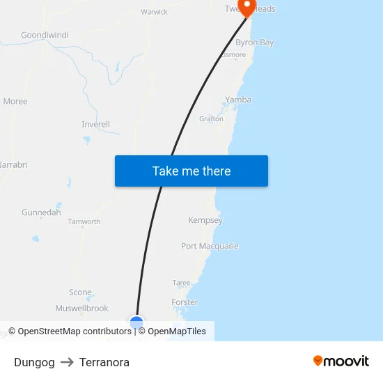 Dungog to Terranora map