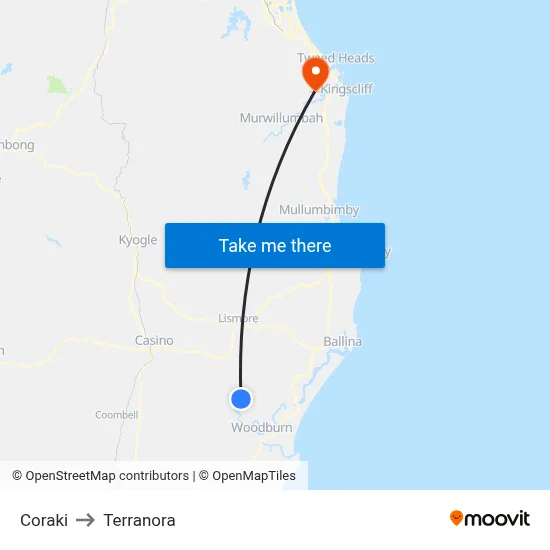 Coraki to Terranora map