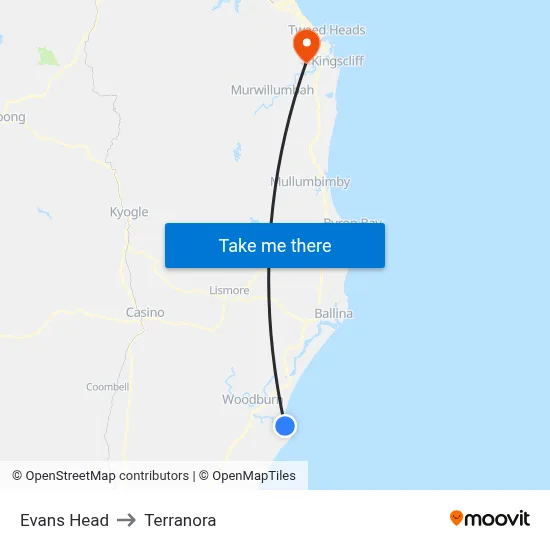 Evans Head to Terranora map