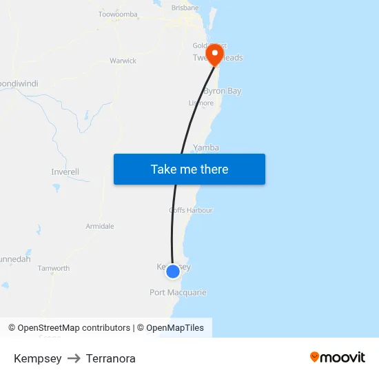 Kempsey to Terranora map