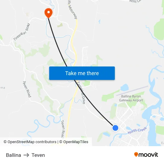 Ballina to Teven map
