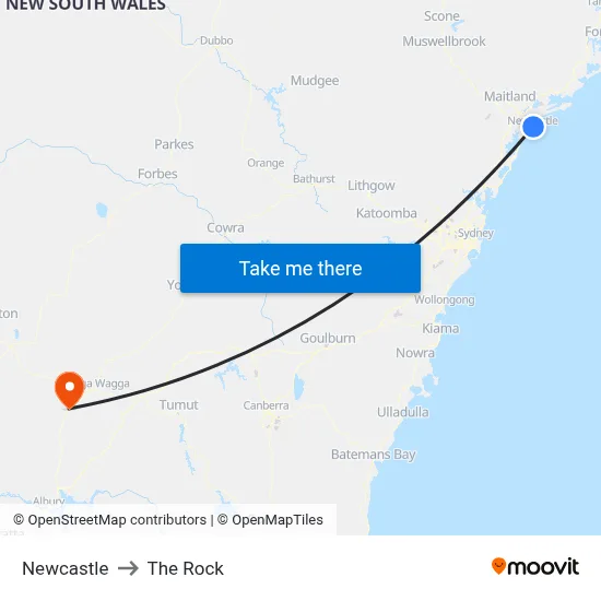 Newcastle to The Rock map