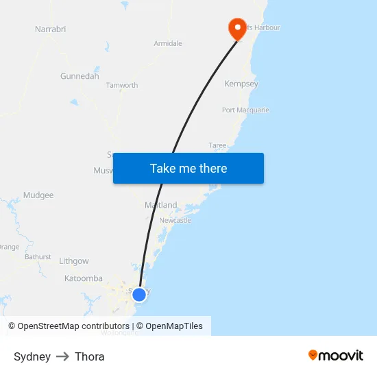 Sydney to Thora map