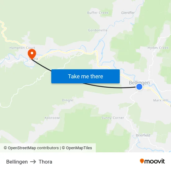 Bellingen to Thora map
