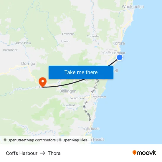 Coffs Harbour to Thora map