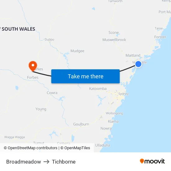 Broadmeadow to Tichborne map