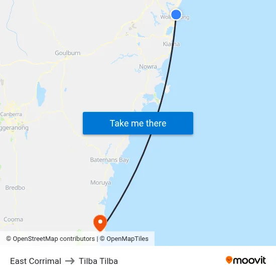 East Corrimal to Tilba Tilba map