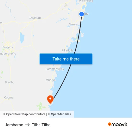 Jamberoo to Tilba Tilba map