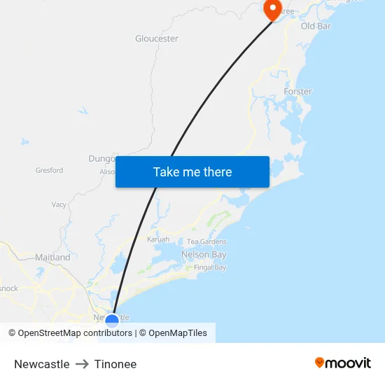 Newcastle to Tinonee map