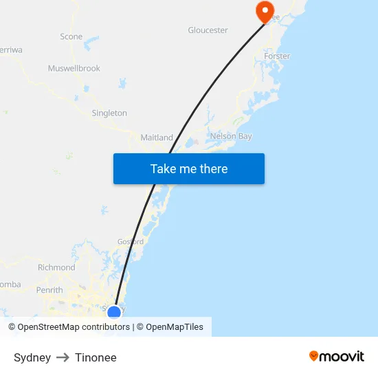 Sydney to Tinonee map